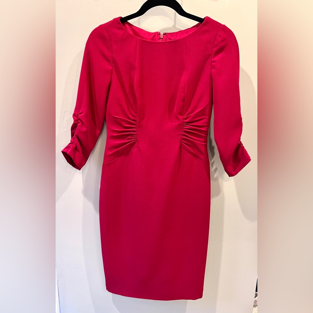 Red Crepe Cocktail Dress with Ruched Sleeves